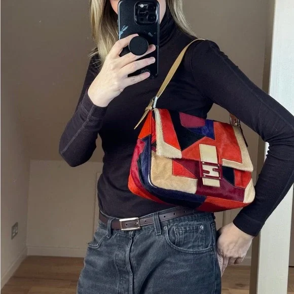 Fendi: Pony Calf Hair Multi Color Patchwork Leather Mamma Baguette Shoulder Bag - Picture 7 of 17